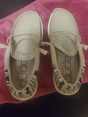 Hey Dude Tan Slip-On Shoes with Black & White Aztec Trim